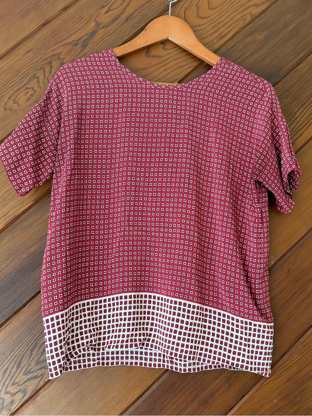 Madewell 100% Silk Geometric Print Boxy Blouse Top XS Red Boho Tie Back